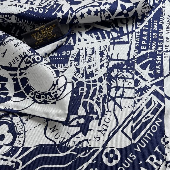 New Louis Vuitton Scarf Luggage Travel Stamps Blue Silk Scarf Wrap - Picture 10 of 14